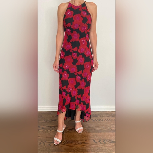 Super elegant 100% silk long, party dress. High/low design. Red, black size 6 - Picture 1 of 4
